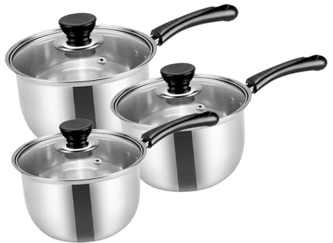sports flyfree 3 Piece Stainless Steel Pans Set, Induction Pot and Pan Set with Glass Lids, Includes 16cm, 18cm & 20cm Saucepans, Cookware Set Compatible with Induction, Gas and Electric Hobs