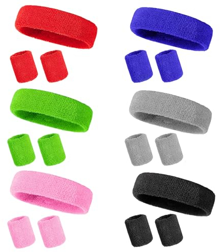 JINXIAN 18 Stück Neon Schweißband Set Sport Stirnband mit Wristband 80er Jahre Schweißband Handgelenk mit 12 Stück Armbänder für Damen Herren Sport Fitnessstudio(6 Farbe)