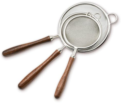 Juego de 3 tamices de cocina de malla fina, tamiz de alambre de acero inoxidable 304 con mango de madera, tamiz de malla fina para quinua/pasta/harina/alimentos/arroz/horneado y cocina (7, 8 y 10 cm)