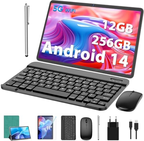 JJGJ Android Tablets,11 Zoll Tablet Android 14 mit Tastatur, 12GB+256GB, 1TB Expand, Octa-Core, 8000mAh, 2.4G/5G WiFi, 13MP+5MP Kamera, 2 in 1 mit Tastatur Tasche, Maus, Stylus(Grün)