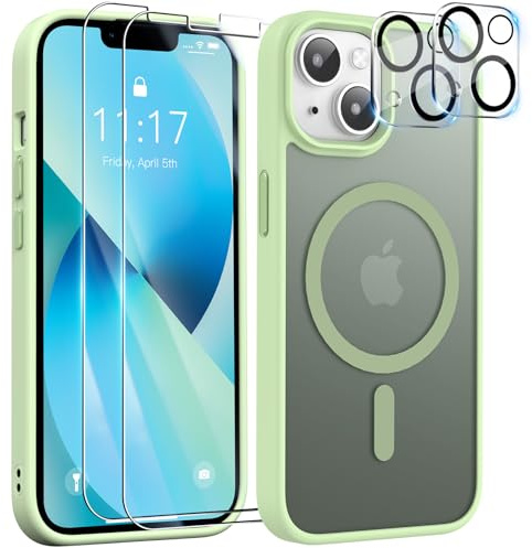 YisrLery 5-in-1 iPhone 13 Hülle für Mag Safe mit 2 Stück und 2 Stück Kameraschutz Militärnorm Schutz, PC Kratzresistente Rückseite Stoßfest TPU Bumper Magnetische Hülle 6,1'' (Hellgrün)