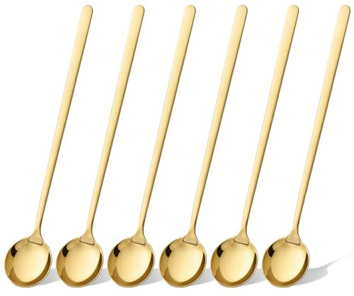 6 Stück Kaffee Löffel Goldene Runder Kopflöffel, Edelstahl Espressolöffel Löffel, Eislöffel Barlöffel, Lange Teelöffel Goldene Löffel Spülmaschinengeeignet Für Kaffee Cocktail Eistee Rühren Löffel