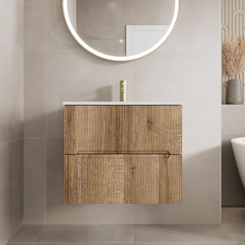 Vitusso® 600mm Bathroom Cloakroom Vanity Unit Basin Sink Wall Hung Storage Furniture 1 Tap Hole White Basin Soft Close, Oak Wood