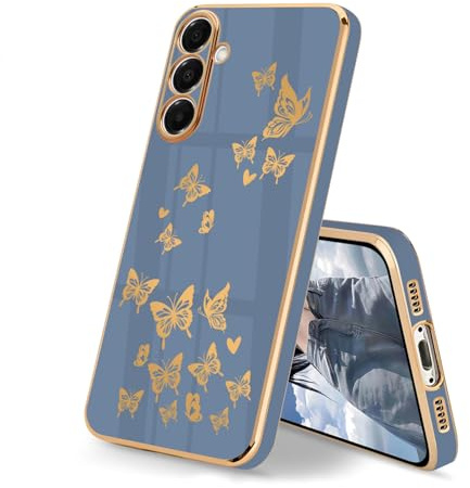 HopMore Handyhülle für Samsung Galaxy A16 4G / 5G Hülle mit Vergoldet Schmetterling Herz Muster Motiv, Silikon Hülle Stoßfest Schutzhülle Dünn Weich TPU Farbe Case Cover für Samsung A16 4G / 5G, Blau