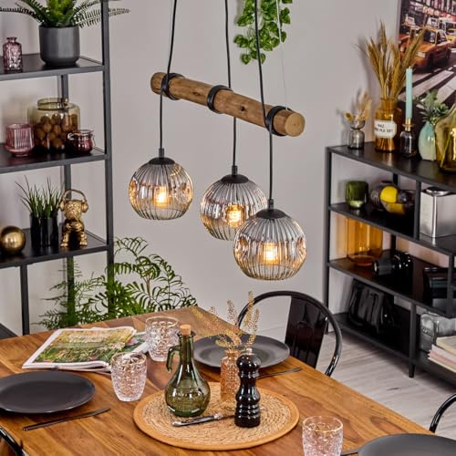 HOFSTEIN Pendelleuchte Ripoll, Hängelampe aus Metall/Holz/Riffelglas in Schwarz/Natur/Chrom/Rauch/Klar, Hängeleuchte Retro/Boho mit Glasschirmen und Holzbalken, E27, Esszimmer, Wohnzimmer, Küche