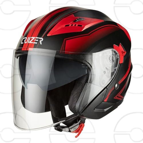 Cruizer Casco Jet Moto Scooter Omologato Doppia Visiera Nero Opaco Grafica Rosso (L)