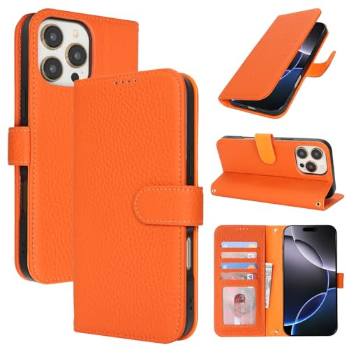 Zouzt Leather Wallet Case for iPhone 16 Pro Max (6.9), 4 Card Slot, Orange | Genuine Leather, Card Holder, Shockproof TPU Shell, Magnetic Closure, Protective Flip Folio Phone Cover, For Women Men