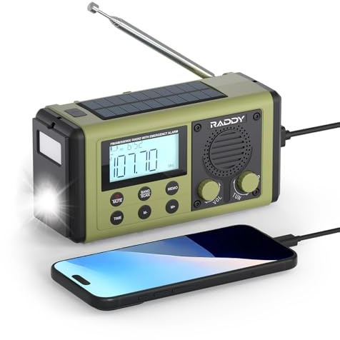 [10 000mAh Battery] Raddy SH-908 Hand Crank Radio IPX6, Portable AM/FM/SW Emergency Radio with Solar & USB Charging, Flashlight Reading Lamp, SOS, Compass, Phone Charger for Camping & Blackouts