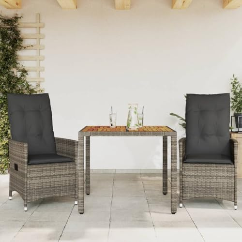 Ziaphsol 3-TLG. Bistro-Set Grau, Poly Rattan UV-beständig, verstellbare Relaxsessel, Akazienholz-Tisch, Kissen Dunkelgrau, für Garten, Balkon