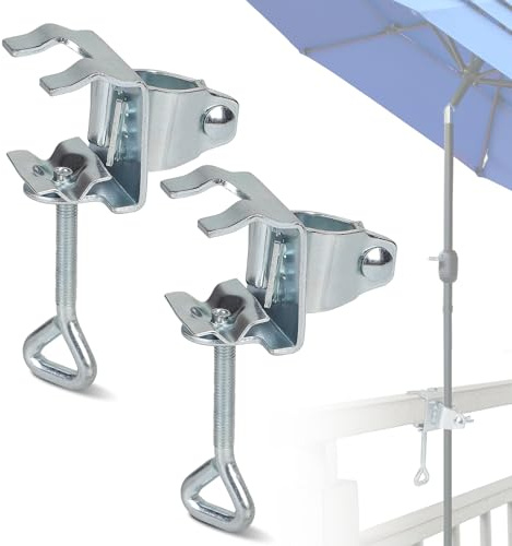 EXLECO 2 STK Sonnenschirmständer Balkongeländer, für Gartenschirm Ø19-32mm | Tragbare Tischklammern Einstellbar Sonnenschirmhalter aus Verzinktem für Geländer Balkon Tische im Freien