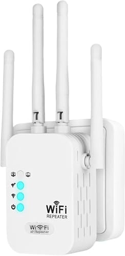 WiFi Extender Booster 1200Mbps, WiFi Signal Amplifier Range Repeater Dual Band 5GHz & 2.4GHz Wireless Internet Booster/Hotspot, Dual Ethernet Ports, 4 Powerful Antennas 12880 Sq.Ft Wider Coverage