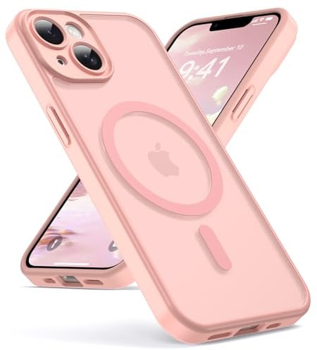 Oududianzi - Magnétique Coque pour iPhone 14 Magsafe Case, Rose | Housse de Arrière Translucide Givrée PC, TPU Silicone Bumper Étui Protection Antichoc Militaire Anti-Empreintes