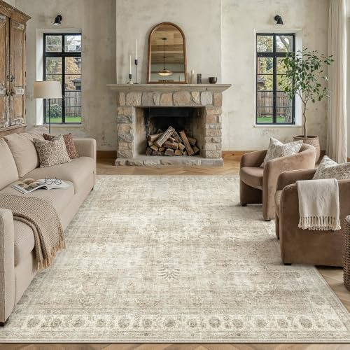 PureCozy Vintage Teppich Wohnzimmer 200x300cm Beige Waschbar Rug | Groß Teppiche,Waschbarer,Rutschfest,Weich Kurzflor,für Wohnzimmer,Schlafzimmer,Esszimmer,Büro