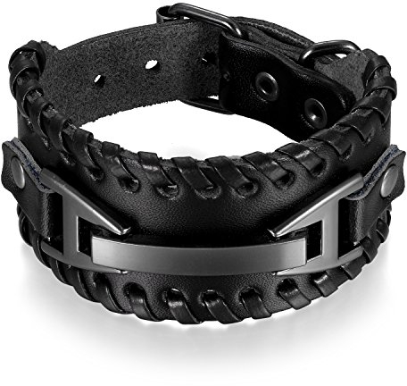 OIDEA Herren Armband Echtleder Schwarz, Breite Geflochten Lederarmband Surferarmband Armreifen, verstellbar Verstellbar Armband aus Leder Herrenarmband Breit Geschenk für Männer
