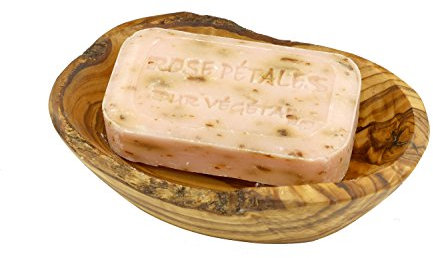 D.O.M.® Seifenschale Rustikal aus Olivenholz mit handgemachter pflanzlicher Seife Rose