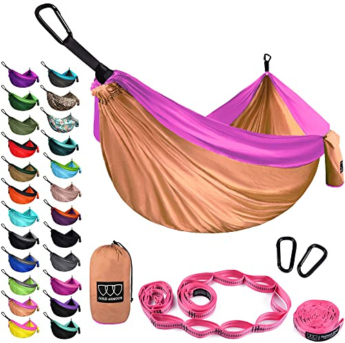 Gold Armour Camping-Hängematte – XL Doppelhängematte tragbare Hängematte Camping Zubehör Ausrüstung für Outdoor Indoor mit Baumgurten, USA ansässige Marke (Pfirsich und Rosa)
