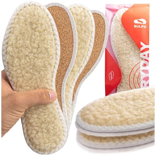SULPO 2 Paare Lammfell Wolle mit Kork wärmende Einlegesohlen Wintersohle für Schuhe dicke Einlagen gegen kalte Füße thermo Schuheinlagen fuer Arbeitsschuhe Größe 45
