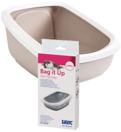 Savic Aseo Jumbo Cat Litter Tray with High Edge 67.5cm Large Litter Tray High Rear Edge and Low Front Side Mocha & White + Tray bags