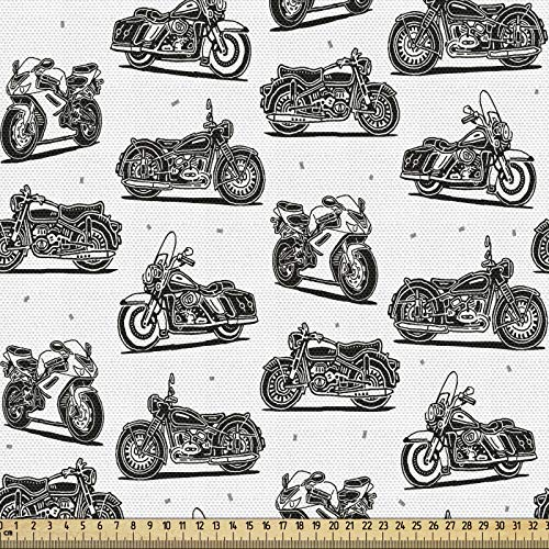 ABAKUHAUS Motorrad Stoff als Meterware, Retro-Stil Zeichnungen, Qualitäts Stoff Dekorativer Polster Heimtextilienstoff, 2M (148x200cm), Weiß Schwarz Grau