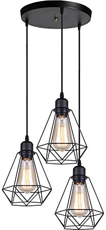 iDEGU 3-flammig Industrielle Pendelleuchten, Vintage Hängelampe Schwarze Pendellampe aus Metall E27 Retro Hängeleuchte im Geometrisch Käfig Stil mit Runde Deckenbasis - Ø 20,5cm