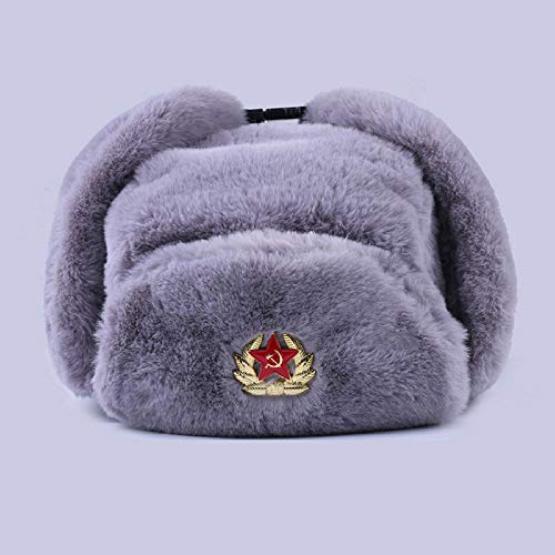 QIANWEIXI Russen Mütze Herren Abzeichen Uschanka Russische Männer Frauen Winter Hüte Army Military Bomber Hut Trapper Earflap Schnee Ski Cap-Grey_M_56-61Cm