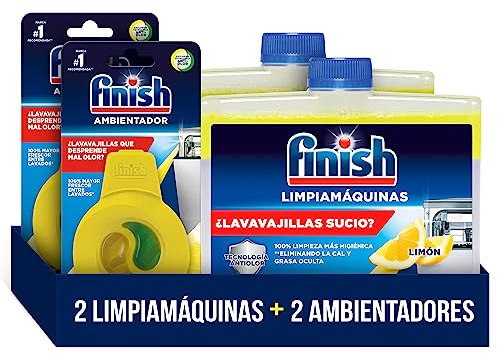 Finish Limpiamáquinas para Lavavajillas, Limpiador Líquido 2 Unidades + Finish Ambientador para Lavavajillas, 2 Unidades, Aroma Limón