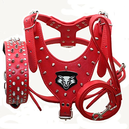 haoyueer Hundegeschirr aus Leder, Halsband und Leine, mit Nieten, 3-teiliges Set für Pitbull, Mastiff, Boxer, Bullterrier, Größe XL, Rot