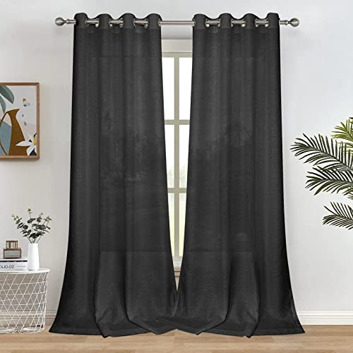 Melodieux Gardinen Schwarz Transparent Leinen Optik Vorhänge mit Ösen für Wohnzimmer Schlafzimmer, 2er Set 175x140cm