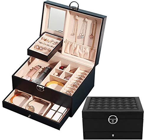 Podazz Jewelry Organizer, 2 Layers Large Jewelry Organizer with Drawer and Mirror, Faux Leather Ring Necklace Watch Jewelry Box with Lock Xmas Mother's Day Birthday Gift for Women Girls (Black)