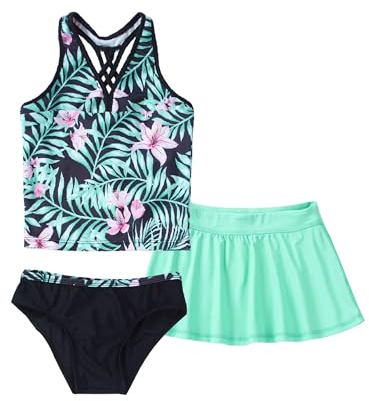 iEFiEL Mädchen Badeanzug 3tlg. Set Bikini Kinder Blumenmuster Tankini Neckholder Badetop Bikinihosen und Baderock Badekleid Outfits X Schwarz Lilie 158-164