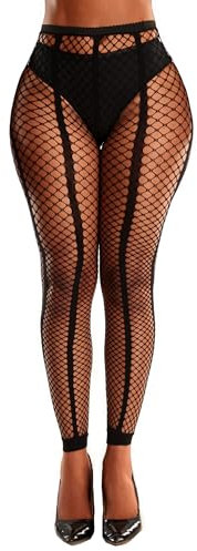 XIUSEMY Medias sexys para mujer, medias de red sin pies, cintura alta, leggings negros, negro (Black t1), Talla única