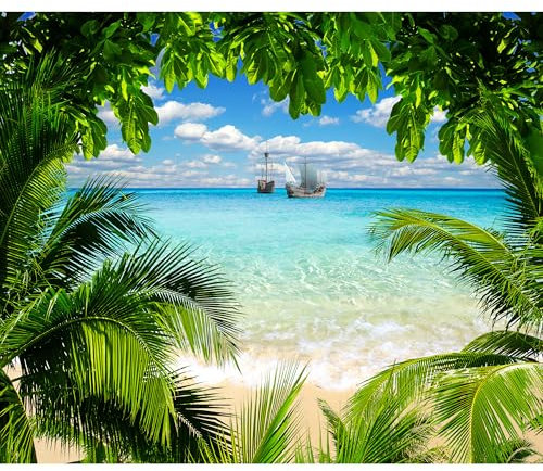 decomonkey - Papier Peint Panoramique Mer Palmier 350x256 cm - Décoration murale moderne – Tapisserie décorative pour chambre salon - Été mer paysage plage eau