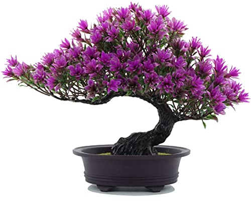 Flikool Artificial Bonsai Plants in Pot Fake Japanese Pine Artificial Cedar Tree Simulation Faux Plastic Indoor Potted Bonsai for Home Office Hotel Desk Display Ornament Christmas Decoration - Purple