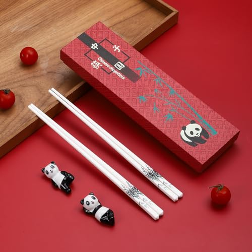 Chopsticks Reusable 2 Pairs Porcelain chopsticks and ceramic Chopstick Rest Dishwasher Safe,Ceramic Chopsticks Chinese Japanese Korean Classic Stylish(Green Bamboo)