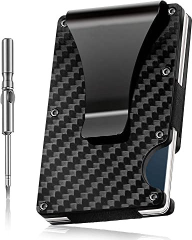 Vebel Credit Card Holder - Carbon Fiber NFC RFID Blocking Wallet Metal with Front Pocket Money Clip Super Slim Case Holders Small Screw Driver Gift Purse for Men, Black