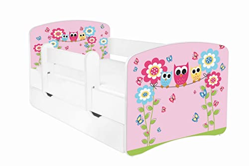 AS-TOR Kinderbett Jugendbett Hugo 70x140cm mit Matratze, Schublade und Abnehmbarem Geländer - Bett Schlafzimmer Kindermöbel Kinderbetten für Mädchen und Junge, Massivholz, Solide und Sicher - Blumen