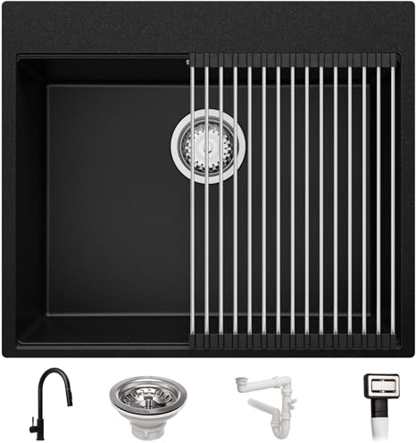 PRIMAGRAN Fregadero Granito Negro 58x50cm, Fregadero Cocina 1 Seno + Sifón + Grifo 40x20cm + Enrollable Escurridor, Fregadero sobre encimera al mueble 60cm - Oslo