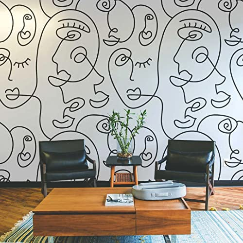 Sedomax Murale de papier peint d'art de ligne de visage abstrait noir et blanc mobile, papier peint de portrait de fond 3d300cm(W)×210cm(H)