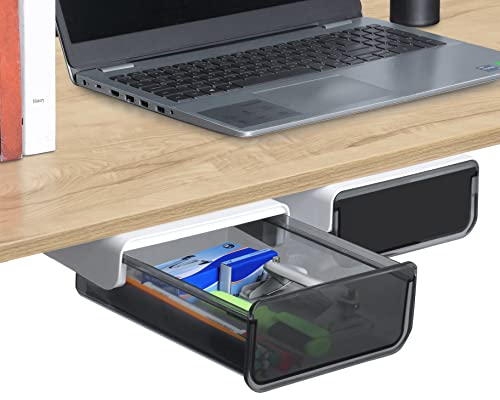 FNG8 Cajones Extraíbles Adhesivos [Pack de 2] - Cajas Organizadoras de Plástico Multiusos para Debajo de la Mesa con Respaldo Autoadhesivo para Accesorios, Bandeja de Almacenamiento para Artesanías