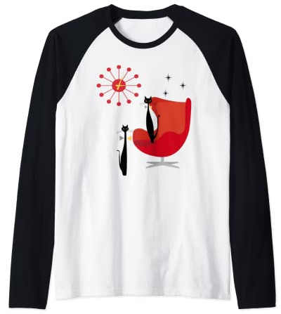 Retro MCM Cool Cat Paar Sunburst Uhr & roter Stuhl T-Shirt Raglan