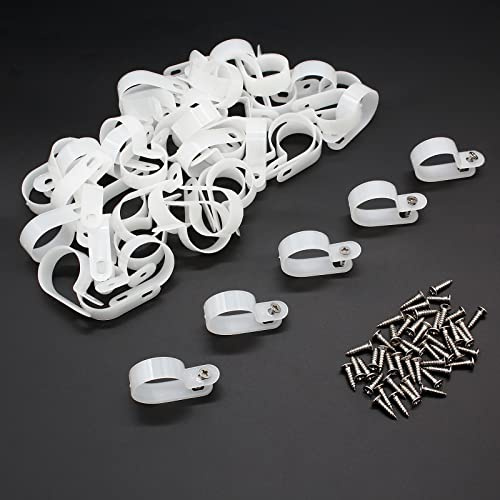 Coufce 50 Stück 2.5 cm R-Typ-Kabelclip, P-Style-Befestigungsclips, Nylon-Kabelclip, Drahtklemme, Seillicht, Befestigungsclips mit Flachkopf, Kreuzschlitzschrauben für Kabelmanagement (weiß)
