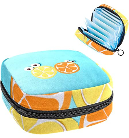 Sommer Fruit Cute Eyes Lemon Orange Period Pouch Tragbare Tampon Aufbewahrungstasche für Damenbinden, Mehrfarbig, 4.7x6.6x6.6 in/12x17x17 cm