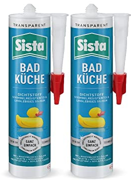 SISTA BAD KÜCHE transparent, Dichtstoff, schimmelresistent ausgestattetes, langlebiges Silikon für Küche und Bad, wasserdichter Fugenfüller, 2x280ml Kartusche