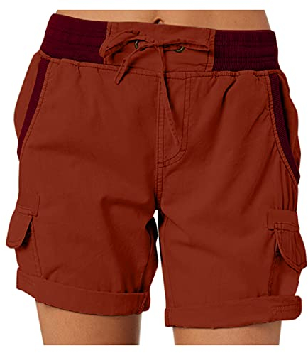 Cargo Shorts Damen Sommer - Bermuda Shorts Damen Baumwolle Kurze Hose Chino Shorts mit Gummizug Taschen Bermudashorts Cargoshorts Arbeitsshorts Hotpants Damenshorts für Frauen Teenager Mädchen