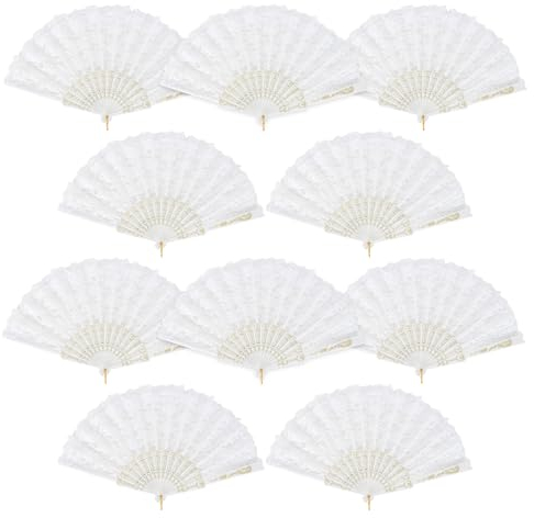 10 Pack Foldable Lace Fan Handheld Chinese Vintage Style Hand Held Folding Fans for Women, White Elegant Lace Floral Folding Hand Fans for Party Wedding Dancing Decoration Gifts