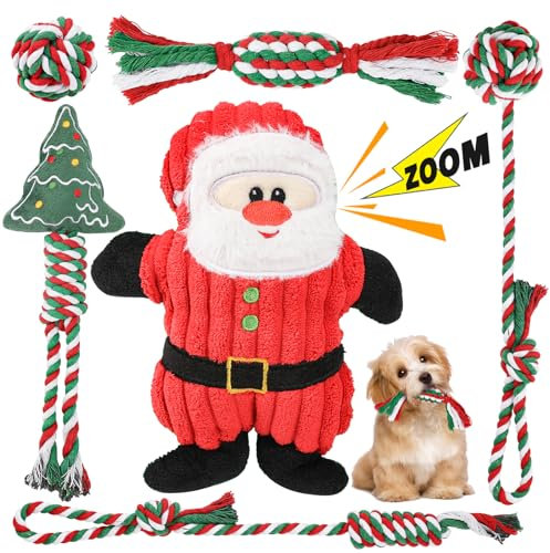 Christmas Squeaky Plush Dog Rope Toys Set, 6 Pack Puppy Chew Toys for Teething Training, Interactive Tug Rope Toys for Boredom, Xmas Gift for Small and Medium Dog, Washable, Natural Cotton & Non Toxic