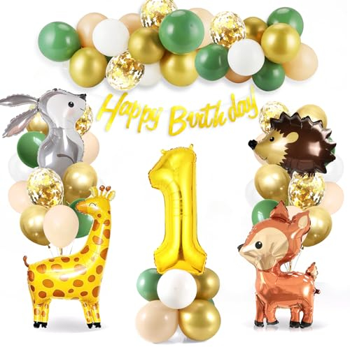1 Geburtstag Deko Junge Mädchen, Waldtiere Geburtstag Deko 1 Jahr, Dschungel Kindergeburtstag Deko 1 Jahr, Deko 1. geburtstag Junge Mädchen, Safari Ballon Geburtstagsdeko
