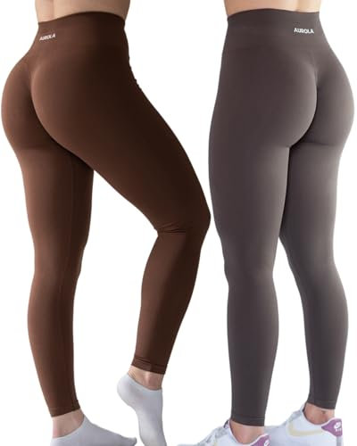 AUROLA Workout-Leggings für Damen, nahtlos, Scrunch-Strumpfhose, Bauchkontrolle, Fitnessstudio, Fitness, Mädchen, Sport, aktive Yogahose, Set (Kastanienbraun + Löwenzahnbraun), S
