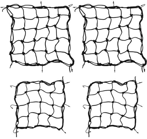 CHEUKYIU 4 Stück Gepäcknetz Motorrad, 30 x 30 cm und 40 x 40 cm, Fahrradkorb Netz, Gepäcknetz Elastisch, Frachtnetz mit 6 Haken, zur Sicherung von Helmen, Ladung, Gepäck, Schwarz