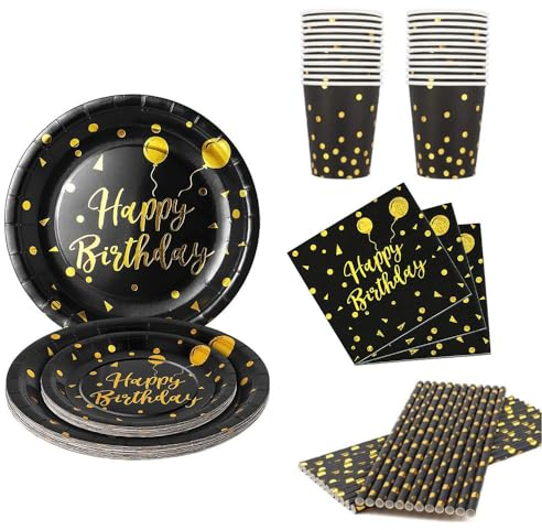 Lot de 125 Noir et Or Set de Vaisselle de Fête pour 25 Invités - Assiettes en Carton, Gobelets, Serviettes de Table, Pailles en Papier pour Anniversaire